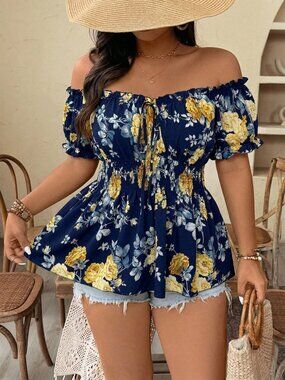 Blue and White Boho Women's Off The Shoulder Shirred Regular Fit Peplum Blouse